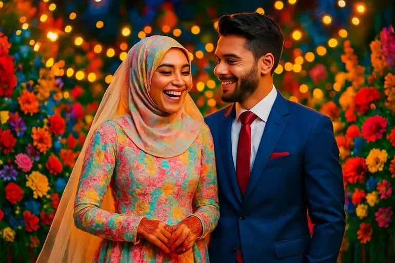 Vibrant bold and colorful wedding photo with rich tones and festive energy, Wedding photography editing styles