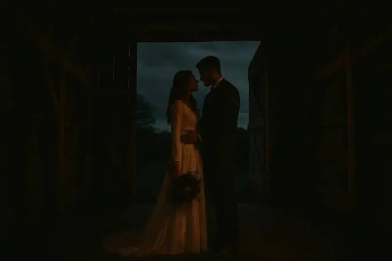Dark and moody wedding photography editing style with cinematic tones and deep shadows.