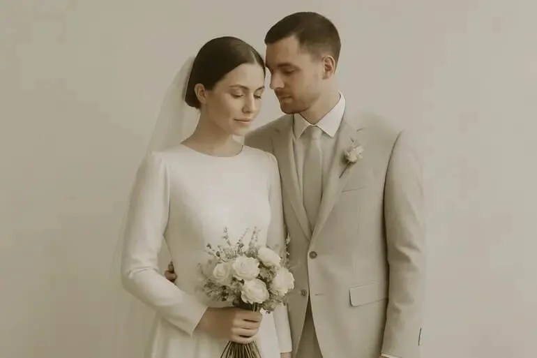 Minimalist desaturated wedding photo with muted tones.