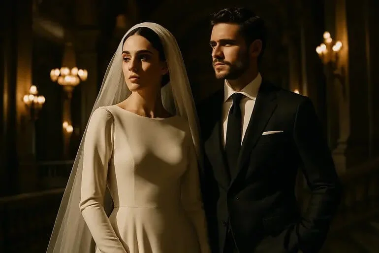 Glamorous editorial wedding photo with bold lighting and fashion-inspired poses.