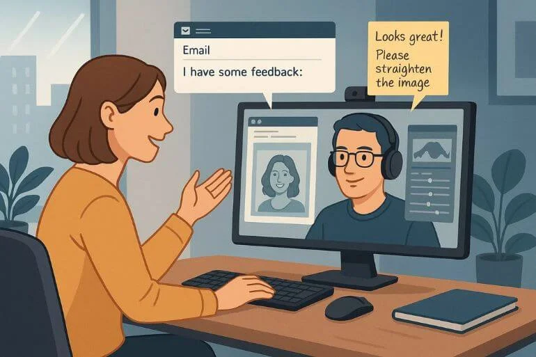 Client giving feedback to photo editor for revisions