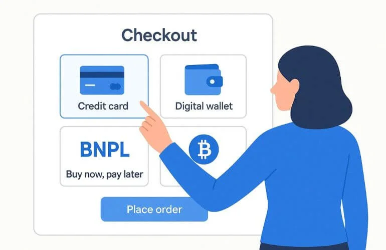 Customer selecting credit cards, digital wallets, BNPL, and cryptocurrency options, eCommerce trends 2025