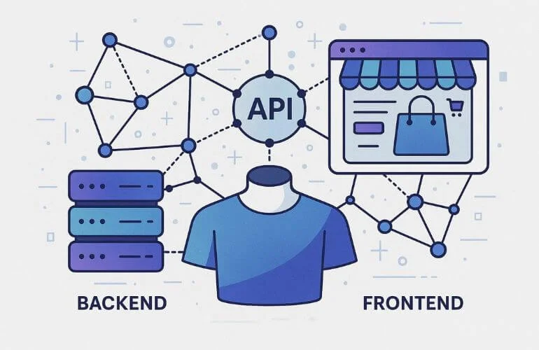 Abstract illustration of headless commerce with backend and frontend separation, eCommerce trends 2025