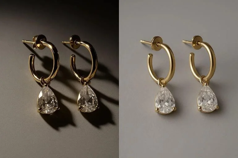 Comparison of jewelry with harsh reflections vs balanced lighting