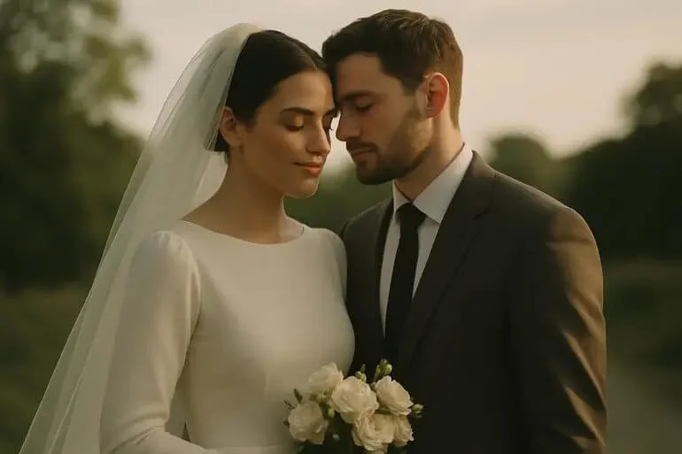 Wedding photo with soft highlights and muted colors in a matte editing style.