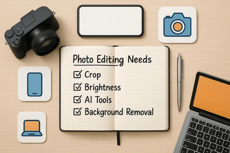 Flat lay of a desk with a notebook listing photo editing needs like crop, brightness, AI tools, camera, smartphone, laptop