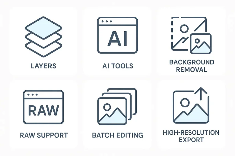 Illustration showing icons for key photo editing features: layers, AI background removal, batch editing, RAW support