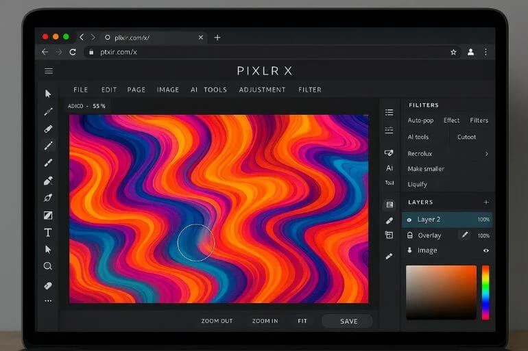 Pixlr X interface editing photos in a web browser