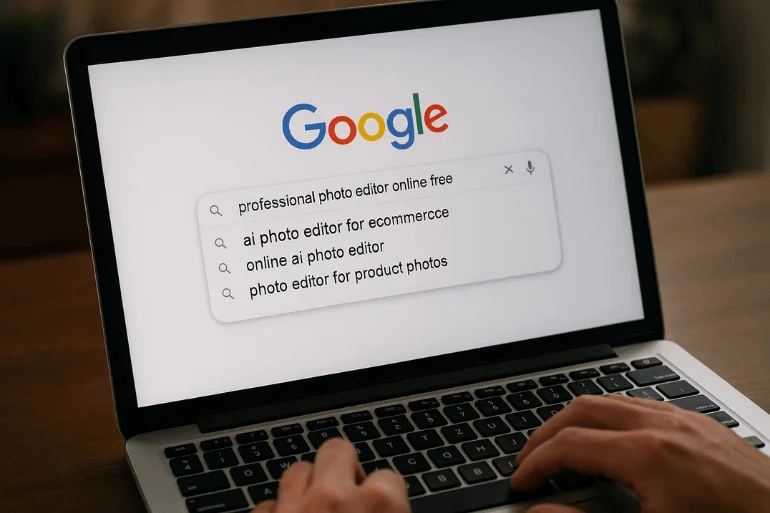Person typing search queries such as 'professional photo editor online free' into a laptop, realistic focused screen view