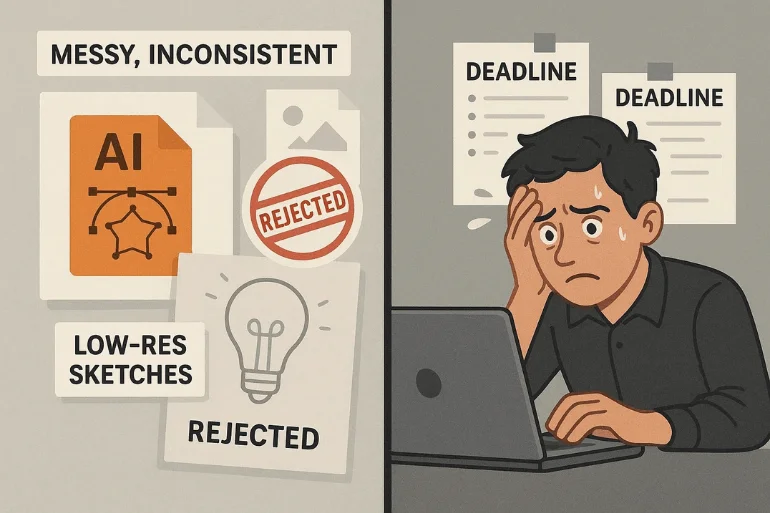 Split-screen showing messy vector files, low-resolution sketches, and stressed designer facing deadlines.