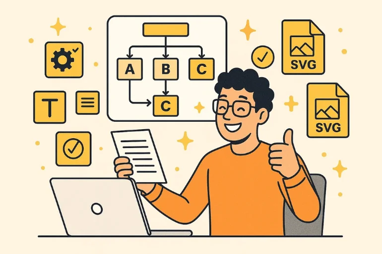 Designer reviewing organized vector workflow, with icons representing efficiency, style consistency, and quality control.
