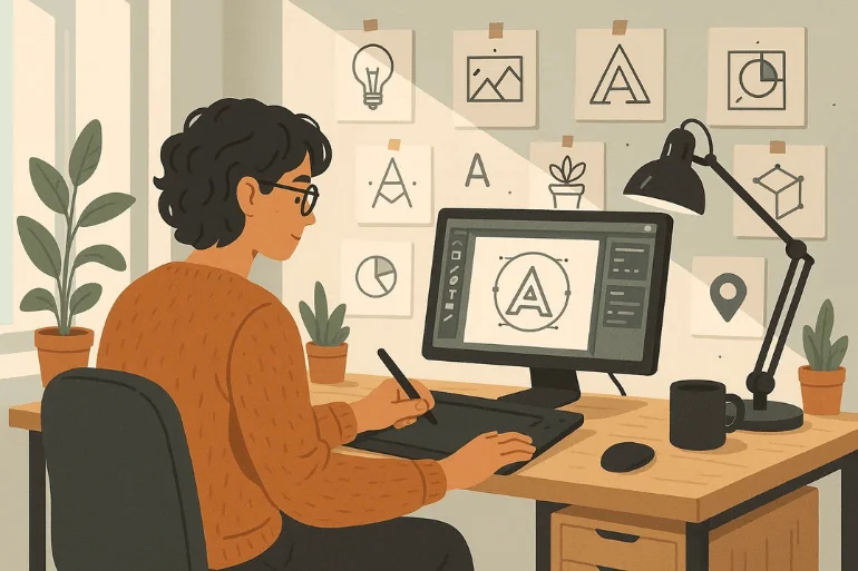 Independent designer working at a desk with vector illustrations, icons, and logo sketches.
