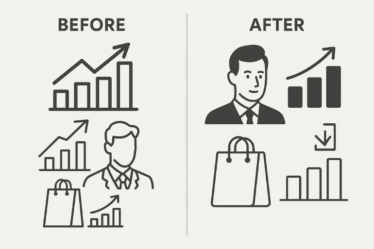 Before-and-after vector illustrations showing polished, professional files and increased marketplace downloads.