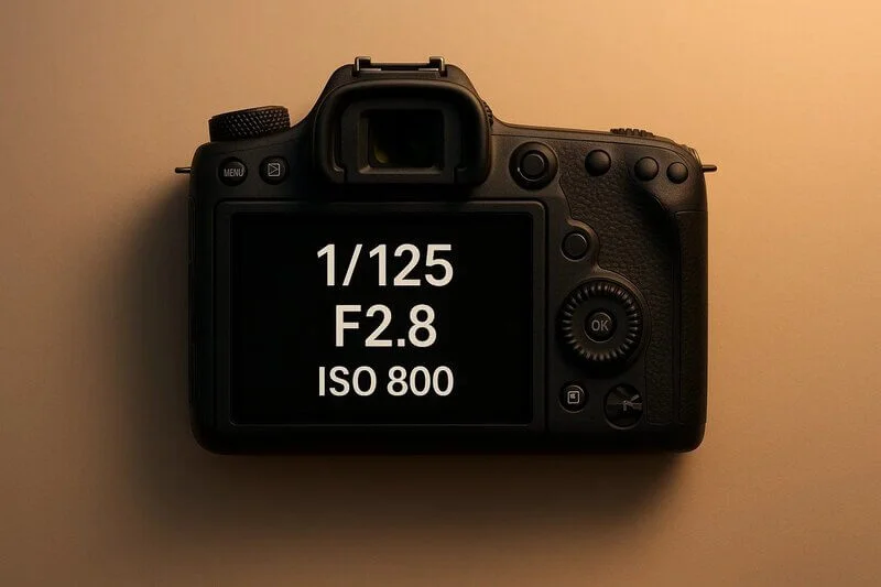 Camera screen showing aperture, shutter speed, and ISO for low-glare shots