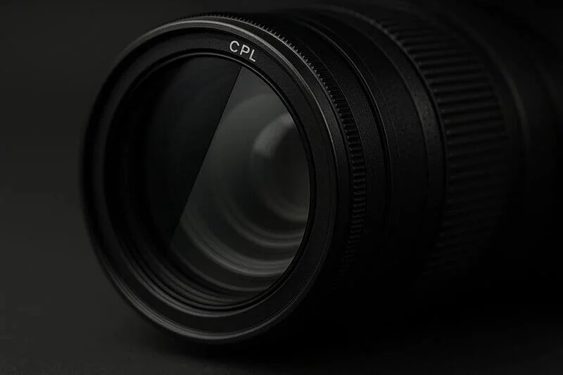 Camera lens with CPL filter reducing reflections from glass and water