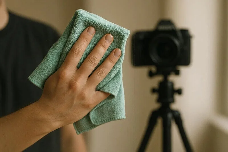 Person wiping glass with microfiber cloth to reduce glare before shooting