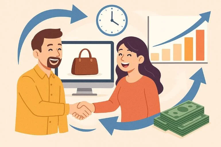 Happy clients receiving edited product photos quickly, revenue growth illustration