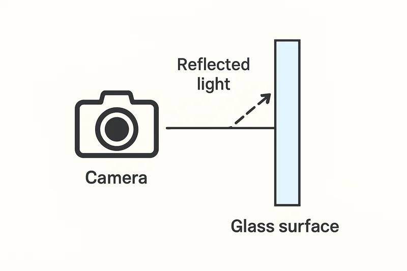 Diagram showing light reflecting off glass and causing glare in photos