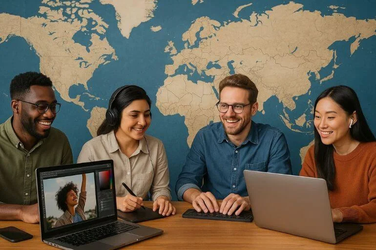 Diverse remote photo editing team connected digitally, representing global talent at lower costs