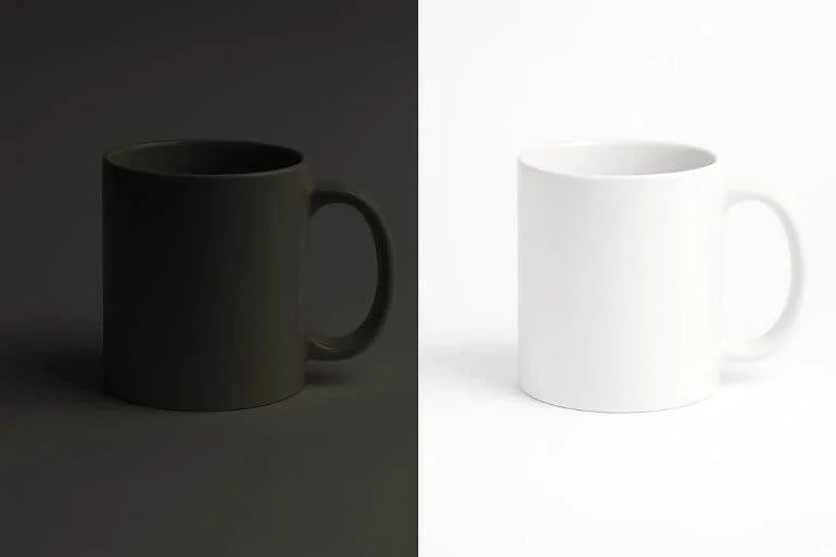 Ceramic mug before and after exposure and contrast adjustment