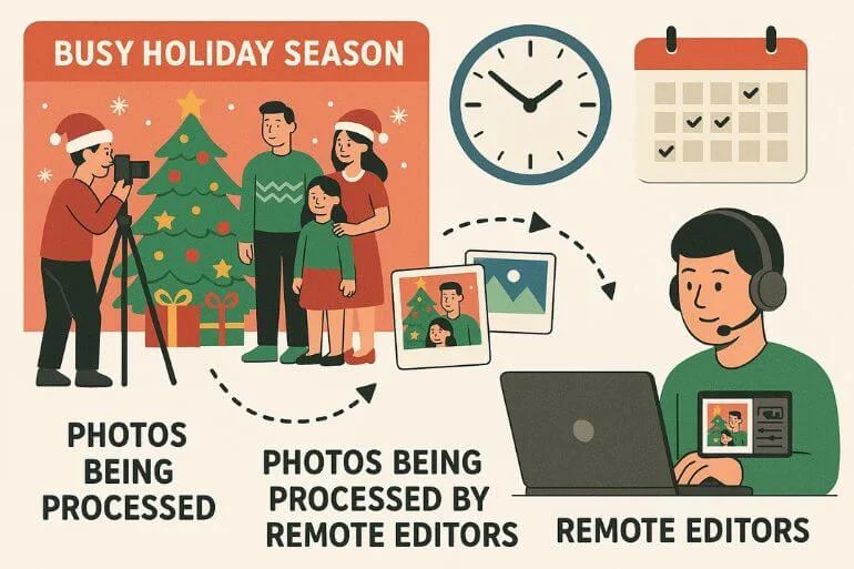 Seasonal business or freelancer outsourcing images with clock and calendar icons showing efficiency