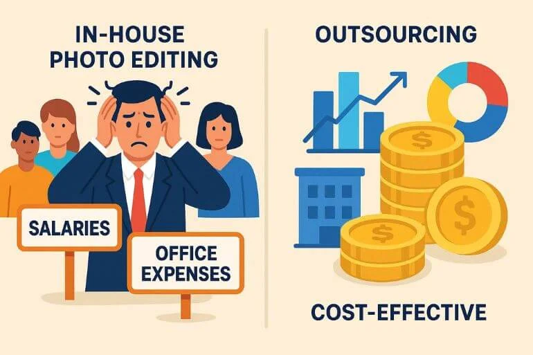 Infographic comparing in-house editing costs vs. outsourcing per image