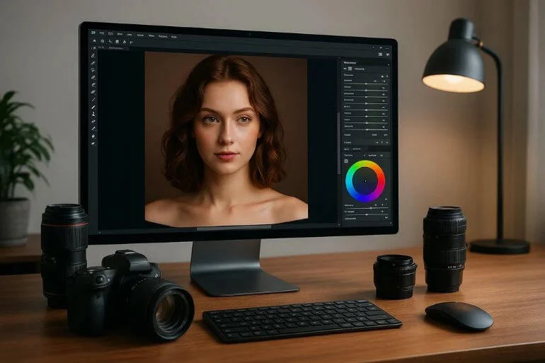 Expensive photo editing software and equipment with outsourcing saving money illustration