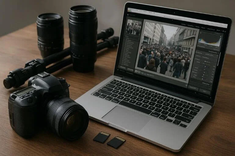 DSLR, mirrorless cameras, lenses, tripod, and editing laptop