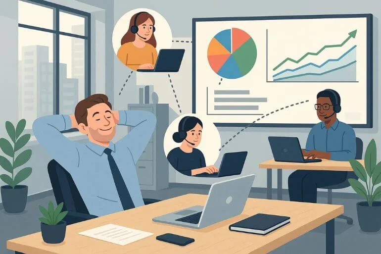 Manager relaxed while remote photo editing team works efficiently, workflow charts visible