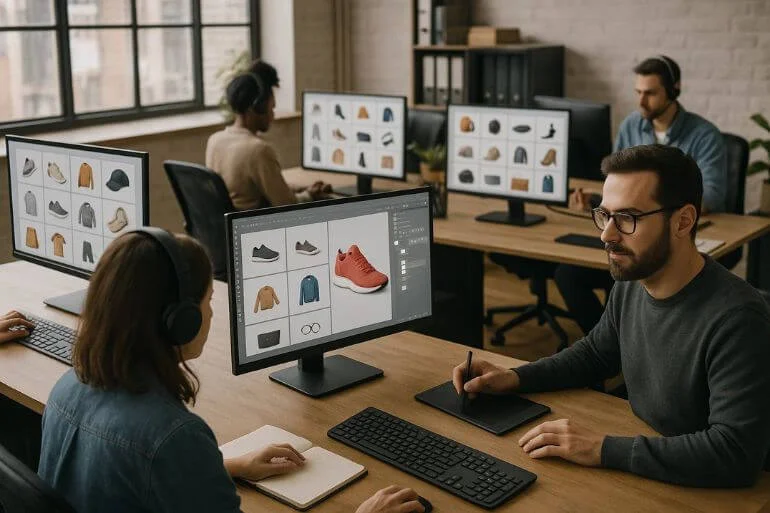 Remote team processing a large batch of images, visualizing scalable workflow