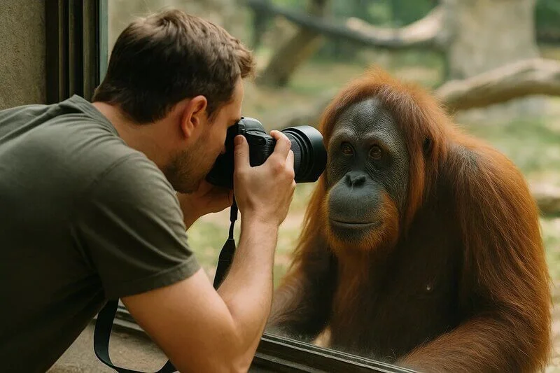 Photographer taking a clear photo of an animal behind glass at a zoo