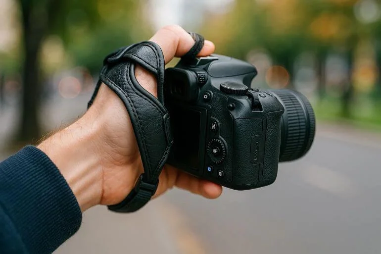 Close-up of a hand holding a DSLR with a hand grip strap for secure and steady shooting.