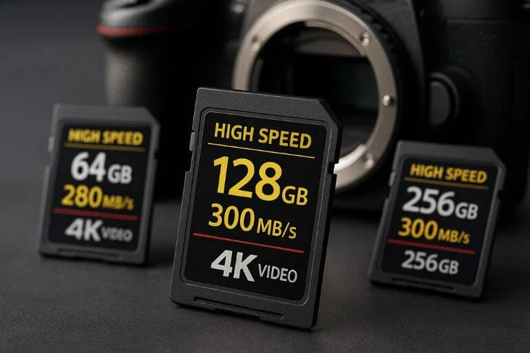 Close-up of high-speed SD memory cards next to a DSLR camera for 4K video storage.