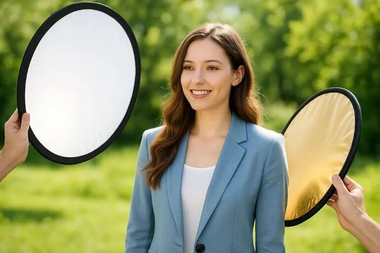 Reflector and diffuser in use outdoors to balance and soften sunlight for portrait photography.