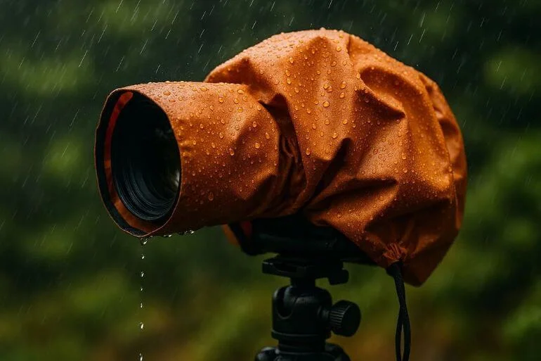 Camera covered with waterproof rain cover during outdoor photography in light rain.