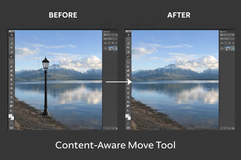 Before and after example of object removal using Content-Aware Move Tool in Photoshop CS6