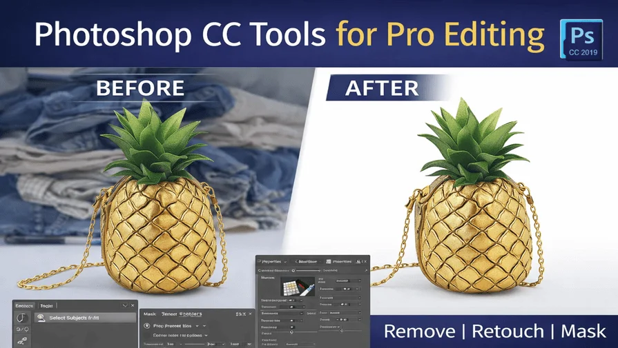 Photoshop CC tools used for professional photo editing including background removal and retouching