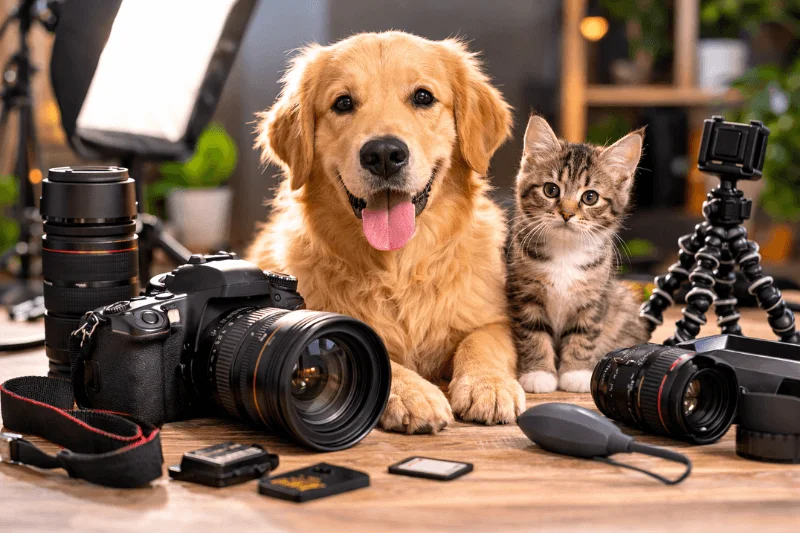 Professional camera and lens equipment used for pet photography