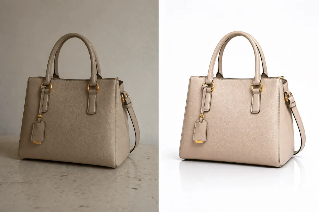 Before and after handbag background removal for ecommerce product photo editing