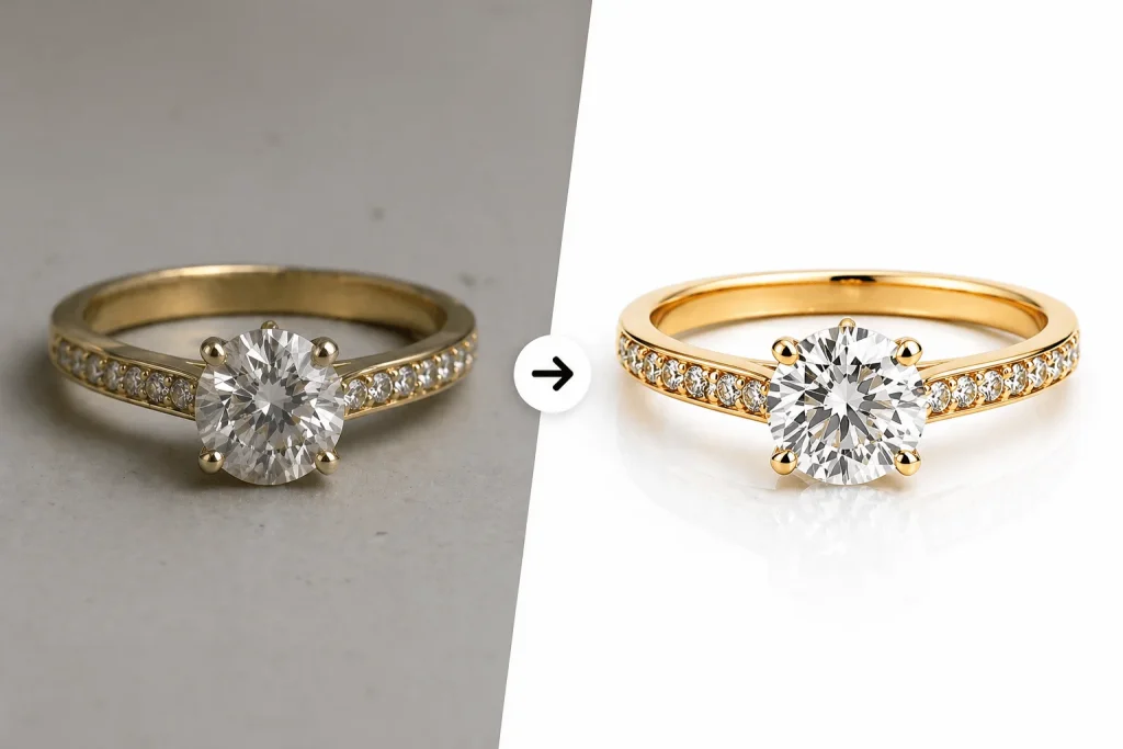 Before and after jewelry photo retouching showing enhanced diamond ring image