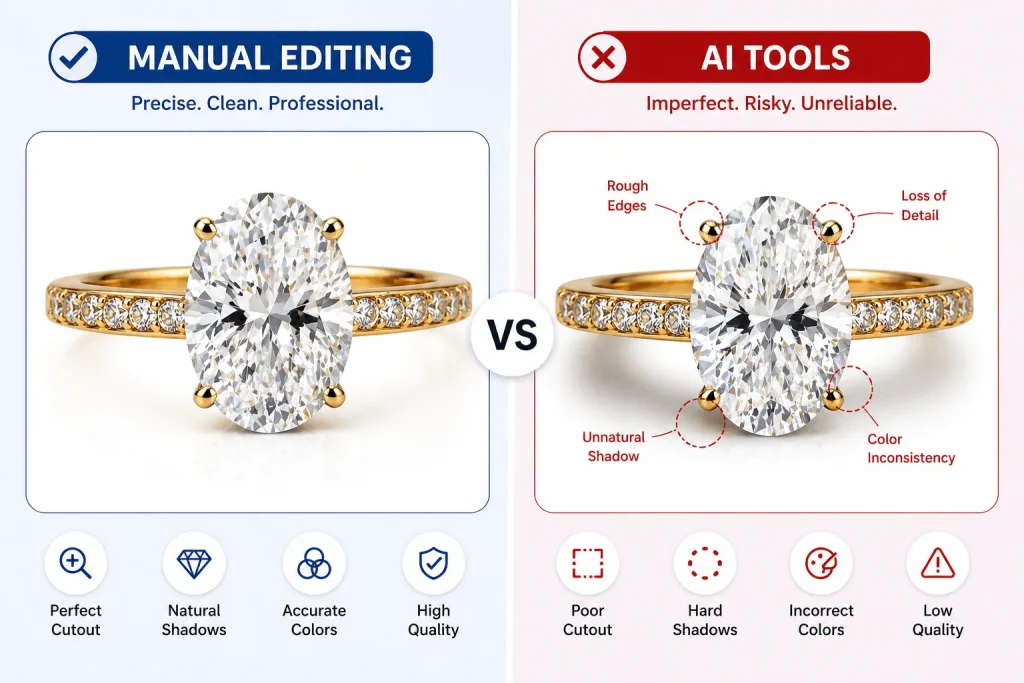 Manual editing vs AI tools for jewelry photo editing showing better cutout and quality