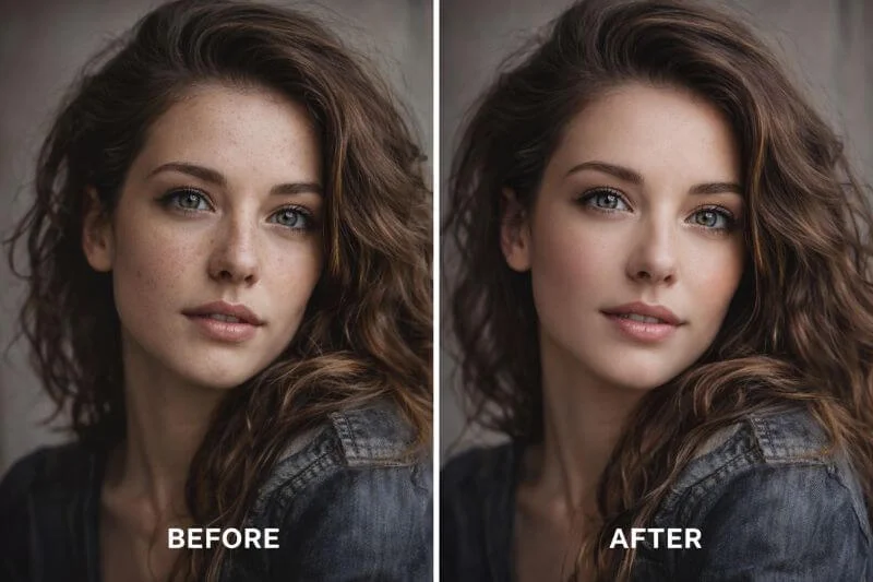 Before and after comparison showing professional photo retouching using Photoshop