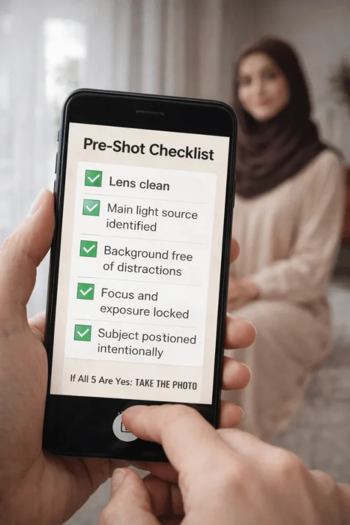 smartphone photography pre-shot checklist displayed on a phone screen