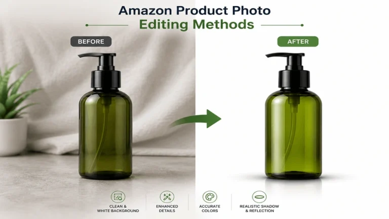 Before and after comparison demonstrating Amazon product photo editing methods including background removal, color correction, retouching, and shadow creation