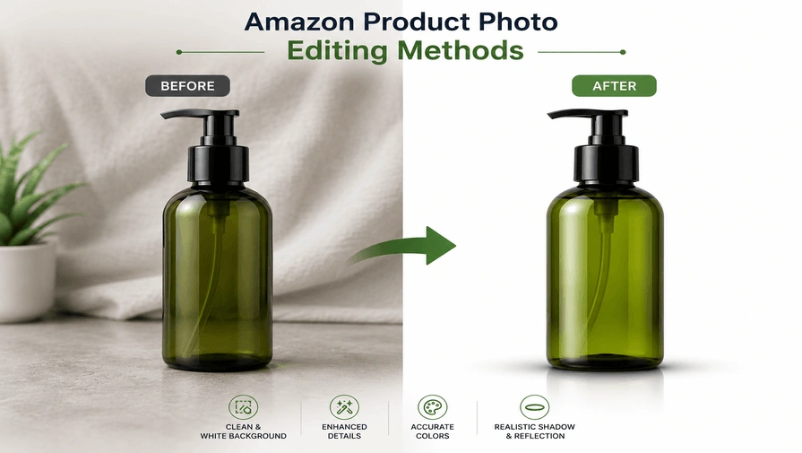Before and after comparison demonstrating Amazon product photo editing methods including background removal, color correction, retouching, and shadow creation