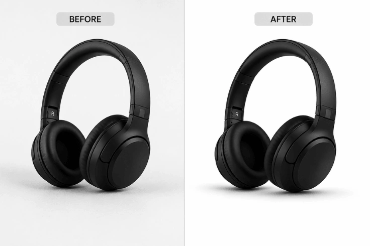 Before and after comparison showing shadow and reflection creation on Amazon product photos to improve depth, realism, and visual appeal