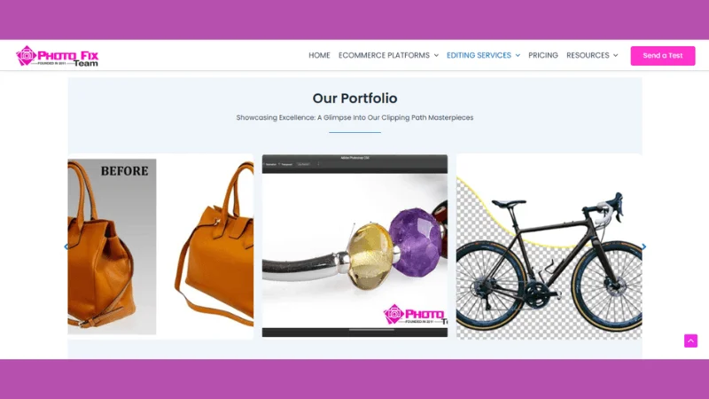 Photo Fix Team clipping path portfolio with handbag jewelry and bicycle editing samples