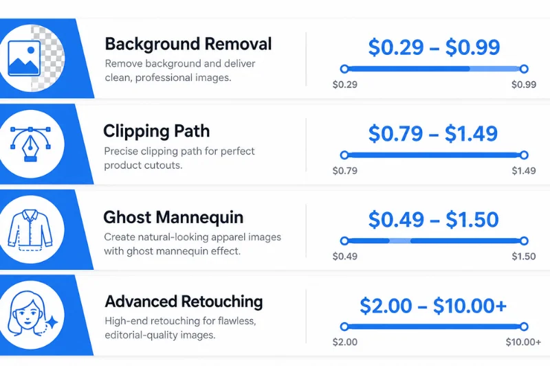 Photo editing service pricing guide showing cost per image for background removal, clipping path, ghost mannequin, and retouching
