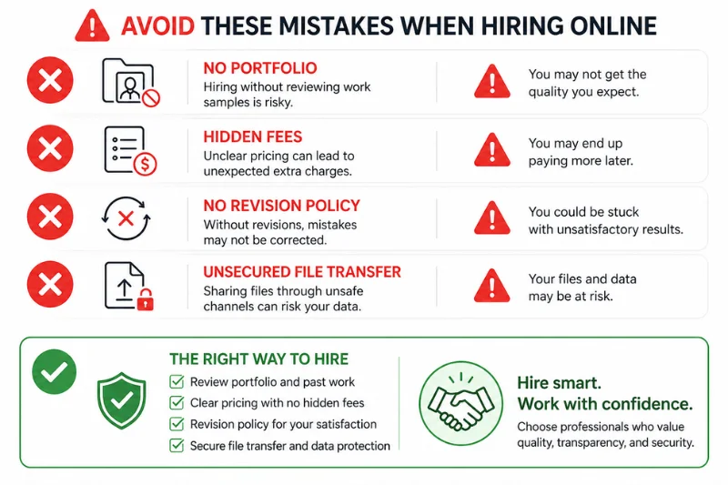Red flags to avoid when hiring a professional photo editor online — no portfolio, hidden fees, no revision policy