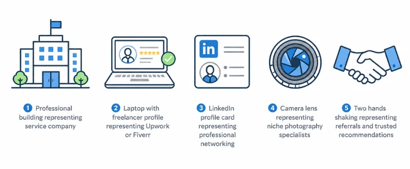 Five ways to find a professional photo editor online — service provider, freelancer, LinkedIn, niche specialist, referral